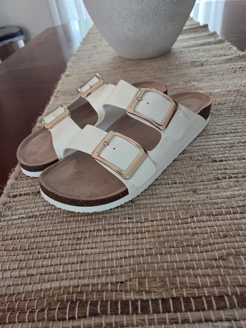 Madden Girl White Slide Sandals with Rose Gold Buckles - Picture 2 of 6